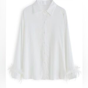 Lulu's White Feather-Cuff Button Down Shirt